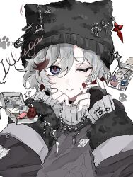  1boy 5g_ttt absurdres black_gloves black_hat blue_eyes brown_hair fingerless_gloves genshin_impact gloves grey_hair grey_sweater hat heart highres illuga_(genshin_impact) jewelry long_sleeves male_focus multicolored_hair necklace one_eye_closed short_hair solo streaked_hair sweater 