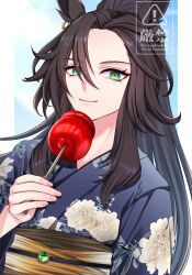  1girl alternate_costume animal_ear_piercing animal_ears blue_kimono brown_hair candy_apple closed_mouth commentary_request floral_print floral_print_kimono food gem green_eyes green_gem hair_between_eyes highres holding holding_candy_apple holding_food horse_ears horse_girl japanese_clothes kimono long_hair long_sleeves looking_at_viewer obi pinosuke ponytail print_kimono sash smile solo speed_symboli_(umamusume) umamusume upper_body 