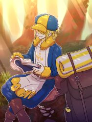  1boy backpack bag baseball_cap belt blonde_hair book brown_belt closed_mouth forest hat hat_over_eyes holding holding_book light_rays long_sleeves male_focus nature on_tree_stump outdoors pokemon pokemon_(creature) pokemon_legends:_arceus runachikku sitting smile solo sunbeam sunlight volo_(pokemon) 
