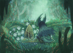  1boy aizawa_sachi arthropod_boy arthropod_limbs blue_cloak cloak colored_skin everbloom_(hollow_knight) facing_away flower grass green_skin hollow_knight horns looking_at_object male_focus plant queen's_gardens_(hollow_knight) sitting solo spikes stairs tombstone traitor_lord_(hollow_knight) vines white_flower 