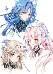  3girls aemeath_(wuthering_waves) arrow_(symbol) blue_eyes bright_pupils cartethyia_(wuthering_waves) commentary_request cropped_shoulders hair_intakes highres horns ite_ti light_blush multiple_girls one_eye_closed ponytail qingxiao_(wuthering_waves) red_eyes simple_background tacet_mark_(wuthering_waves) wuthering_waves 