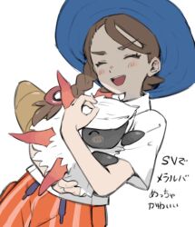 1girl :d blue_hat blush braid brown_hair closed_eyes collared_shirt commentary_request eyelashes happy hat holding holding_pokemon juliana_(pokemon) larvesta memo_(user_jzdw4428) open_mouth orange_shorts pokemon pokemon_(creature) pokemon_scarlet_and_violet shirt short_sleeves shorts simple_background smile striped_clothes striped_shorts teeth translation_request upper_teeth_only vertical-striped_clothes vertical-striped_shorts white_background white_shirt 