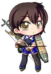  1girl black_thighhighs blue_hakama blush bow_(weapon) brown_eyes brown_gloves brown_hair chibi chibi_only closed_mouth commentary_request double-parted_bangs full_body gloves green_sandals hair_between_eyes hakama hakama_short_skirt hakama_skirt holding holding_bow_(weapon) holding_weapon japanese_clothes kaga_(kancolle) kantai_collection kimono long_sleeves muneate platform_sandals sandals shinjitsu short_hair simple_background single_glove skirt solo standing thigh-highs weapon white_background white_kimono wide_sleeves 