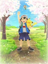 1boy aircraft arm_up ash_ketchum baseball_cap black_hair black_shoes blue_jacket cherry_blossoms closed_eyes commentary_request day facing_viewer happy hat highres hot_air_balloon jacket james_(pokemon) jessie_(pokemon) male_focus meowth open_mouth outdoors pikachu pokemon pokemon_(anime) pokemon_(creature) pokemon_journeys red_hat runachikku shirt shoes single_stripe team_rocket waving white_shirt 