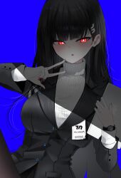  1girl :o absurdres black_hair black_jacket black_pantyhose blue_archive blue_background breasts commentary highres holding id_card jacket large_breasts light_blush long_hair nail_polish ougiikun pantyhose red_eyes red_nails rio_(blue_archive) solo sweater turtleneck turtleneck_sweater watch watch white_sweater 