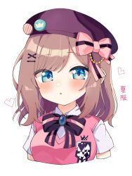  1girl badge beret blue_gem blush bow bowtie breasts brown_hair button_badge club_(shape) collared_shirt commentary_request diamond_(shape) gem green_eyes hair_ornament hairclip hat hat_bow hat_pin heart highres kanade_0827 large_breasts looking_at_viewer medium_hair nijisanji open_mouth pink_bow pink_bowtie pink_sweater_vest purple_bow purple_bowtie purple_hat shirt short_sleeves simple_background solo spade_(shape) striped_bow striped_bowtie striped_clothes suzuhara_lulu sweater_vest swept_bangs translation_request triangle_mouth two-tone_bow two-tone_bowtie virtual_youtuber white_background white_shirt 