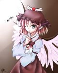 bag earrings finger_to_mouth gift gr_(artist) grey_eyes hat holding holding_gift jewelry musical_note mystia_lorelei pink_hair short_hair solo touhou wings wink 
