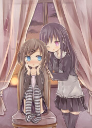  2girls amakaze_sora black_hair black_jacket black_skirt black_thighhighs blue_eyes blush brown_hair chair clouds commentary_request curtains grey_shirt hair_ornament hairclip indoors jacket knees_up long_hair multiple_girls no_shoes on_chair one_eye_closed one_side_up open_clothes open_jacket open_mouth original shirt sitting skirt sky striped_clothes striped_thighhighs sunset thigh-highs transparent violet_eyes window 