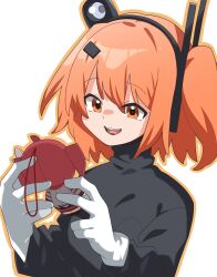  1girl :d a.i._voice adachi_rei black_hairband black_shirt character_doll commentary_request datemegane doll double-parted_bangs gloves hair_between_eyes hairband highres holding holding_doll kasane_teto long_sleeves open_mouth orange_eyes orange_hair orange_outline outline shirt short_hair simple_background smile solo teeth turtleneck turtleneck_shirt upper_body upper_teeth_only utau white_background white_gloves 