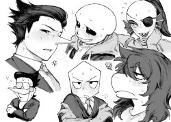  2026 2d 2girls 3boys anger_vein animal_nose anthro armor black_hair blush breastplate claws closed_mouth collared_jacket collared_shirt commentary cropped_shoulders cropped_torso crossed_arms deltarune digital_media ear_fins english_text eyepatch female fins fish fish_girl flying_sweatdrops furry furry_female gauntlets glasses gloves green_pippins greyscale hair_over_eyes hand_on_own_chest hand_on_own_neck head_fins high_ponytail highres hollow_eyes hood hood_down hooded_jacket humanoid jacket lizard lizard_girl long_hair long_sleeves male monochrome monster monster_boy monster_girl multiple_boys multiple_girls necktie nervous open_clothes open_jacket open_mouth p_ch3c00h pippins_(deltarune) pointy_nose poncho ponytail reptile reptile_girl sans_(undertale) scalie sharp_teeth shirt short_hair simple_background skeleton slit_pupils smile spamton_g._spamton spamton_g._spamton_(big_shot) squiggle suit susie_(deltarune) sweat teeth tinted_eyewear undead undertale undyne utdr_(toby_fox) weapon white_background white_shirt 