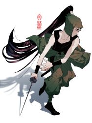  1boy absurdres black_socks black_tank_top closed_mouth collarbone commentary_request full_body green_hood green_pants high_ponytail highres holding holding_sword holding_weapon hood ine_(zx_o4) japanese_clothes long_hair male_focus ninja ninjatou pants ponytail purple_hair rakudai_ninja_rantarou serious shadow short_sword simple_background socks solo sword tachibana_senzou tank_top very_long_hair watermark weapon white_background wristband 