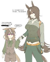  2girls aged_down animal_ears belt blush bow brown_belt brown_hair brown_shorts brown_vest censored censored_text child commentary_request cowboy_shot dot_nose earrings ears_down fingerless_gloves forced_smile gloves green_bow green_jacket green_pants green_shirt grey_shirt grin hair_between_eyes hair_intakes highres holding_hands horse_ears horse_girl horse_tail jacket jewelry korean_commentary korean_text long_hair long_sleeves looking_at_another medium_hair midriff multicolored_hair multiple_girls orange_belt pants pendant_choker pink_eyes puffy_long_sleeves puffy_sleeves riki_s2u shirt shorts simple_background single_earring sirius_symboli_(feroce)_(umamusume) sirius_symboli_(umamusume) sketch smile speech_bubble streaked_hair symboli_rudolf_(umamusume) tail teeth translation_request triangle_mouth umamusume v-shaped_eyebrows very_long_hair vest white_background white_streaks 