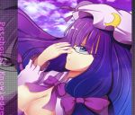  blue_eyes bow breasts cleavage crescent crescent_moon glasses greave_(artist) hair_bow hat long_hair patchouli_knowledge purple_hair solo touhou 