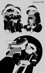  2boys black_hair black_robe black_shirt commentary_request dated grey_background guyuk_(tenmaku_no_jaadugar) hat holding_hands hug hug_from_behind kadak_(tenmaku_no_jaadugar) long_sleeves male_focus monochrome multiple_boys night open_clothes open_robe qingdai_guanmao robe shirt tagme tenmaku_no_jaadugar yoshito_(adore) 
