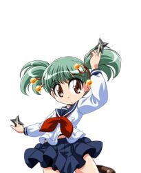  1girl bell black_bow blue_skirt bow bracelet breasts collar covered_nipples cowboy_shot elbow_gloves fighting_stance game_asset gloves green_hair hair_bow hands_up holding holding_shuriken holding_sword holding_weapon jewelry large_variant_set leotard long_sleeves lowres manjuverunu_no_sen_otome neck_bell neckerchief non-web_source official_art outstretched_arm pleated_skirt red_neckerchief sash school_uniform self-datamine serafuku shuriken simple_background siubomanjyu skirt small_breasts solo standing sword tachi-e tama_tamara_tabasa_(manjuverunu) transparent_background twintails variant_set weapon white_collar white_gloves 