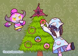  1girl ansha_(pokemon) apron black_shoes blue_apron brown_hair commentary_request decorating_christmas_tree flower holding hoopa hoopa_(confined) indoors leg_up leg_warmers long_hair long_sleeves pink_leg_warmers pokemon pokemon_(creature) pokemon_legends:_z-a shirt shoe_soles shoes snowiecomics tree twitter_username waist_apron watermark 