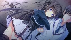 1boy 1girl black_bow black_hair black_thighhighs blue_eyes blue_jacket blue_necktie bow bowtie buttons closed_mouth cropped_jacket da_capo da_capo_iv dark_room dutch_angle faceless faceless_male from_side game_asset grey_vest hair_ribbon haunted_house_(attraction) highres hime_cut indoors jacket locked_arms long_hair long_sleeves loose_necktie miniskirt necktie non-web_source official_art open_collar plaid_clothes plaid_vest pleated_skirt red_bow red_bowtie ribbon sailor_collar school_uniform skirt standing straight_hair takano_yuki_(allegro_mistic) thigh-highs tokisaka_ichito tokisaka_nino turning_head very_long_hair vest white_jacket white_sailor_collar white_skirt zettai_ryouiki 