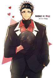  1boy andro_m._jazz black_hair black_hat black_jacket black_pants black_suit blush bow bowtie character_name collared_shirt colored_text_highlight contrast_lapels dated demon_boy earrings fangs formal_clothes hand_in_pocket hat heart highres holding holding_unworn_clothes holding_unworn_hat jacket jewelry lapels long_sleeves looking_at_viewer mairimashita!_iruma-kun male_focus notched_lapels pants pink_eyes pointy_ears red_bow red_bowtie red_shirt revision ricchan_paopao shirt short_hair solo standing stud_earrings suit suit_jacket unworn_hat unworn_headwear 