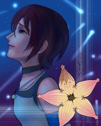  1girl bare_shoulders black_choker blue_eyes brown_hair choker closed_mouth commentary english_commentary fanarting_curry from_side hair_between_eyes highres jewelry kairi_(kingdom_hearts) kingdom_hearts kingdom_hearts_i necklace short_hair signature smile solo 