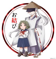  1boy 1girl ajirogasa black_lips commentary_request earrings geta green_hair grey_hair hat highres hinako_(omusubi) issa_(omusubi) japanese_clothes jewelry kariginu long_hair omusubi_(game) plump ponytail short_hair smile tassel tassel_earrings 