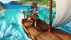  1girl absurdres armband artist_name bandaged_leg bandages belt blue_hair boat boots breasts cape commentary commission crystal dang_(runescape) duellist's_cap_(tier_6) ear_piercing english_commentary farorest fingerless_gloves flag full_body gem gloves glowing_hat gold_trim green_belt green_cape green_gem hat highres holding keel leg_armor leotard long_hair mast medium_breasts ocean old_school_runescape orange_eyes original piercing poleyn red_armband red_leotard runescape sail sailing sailing_ship second-party_source skirt sky solo spiked_ear_piercing sun_symbol watercraft waves yellow_eyes 