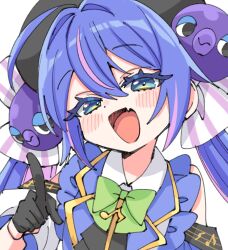  1girl :d black_gloves black_hat blue_dress blue_eyes blue_hair blush blush_stickers bow bowtie clothing_cutout commentary dress eighth_note fang frills gloves green_bow green_bowtie hair_between_eyes hand_up hat highres long_hair looking_at_viewer musical_note open_mouth otomachi_una otomachi_una_(sv) pointing shoulder_cutout skin_fang smile solo sukoyaka_(100hituzi) synthesizer_v twintails upper_body 