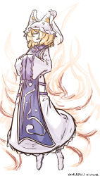 1girl absurdres animal_hat artist_name blonde_hair blue_tabard commentary_request dated dress fox_tail full_body hands_in_opposite_sleeves hat highres kitsune medium_hair mob_cap multiple_tails one-hour_drawing_challenge solo tabard tail touhou ve1024 white_dress white_hat yakumo_ran yellow_eyes 