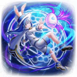  1other :d ;d animal_ear_headwear animal_ears ankle_boots aqua_vest artist_request aura blue_background blue_trim boots dark_aura egg fur-trimmed_boots fur-trimmed_collar fur_trim game_asset gold_trim grand_summoners hands_up hat holding holding_egg jacket looking_at_viewer magic magic_circle official_art one_eye_closed open_clothes open_grin open_jacket rabbit_ears rimuru_tempest rimuru_tempest_(slime) shirt shorts simple_background smile solo tensei_shitara_slime_datta_ken top_hat transparent_background vest white_boots white_hat white_jacket white_shirt white_shorts yellow_eyes 
