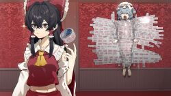  2girls absurdres ascot barefoot bat_wings blue_hair bound bow brown_eyes brown_hair closed_eyes closed_mouth commentary_request detached_sleeves frilled_bow frilled_hair_tubes frills hair_bow hair_tubes hakurei_reimu hat hat_ribbon highres long_hair midriff mob_cap multiple_girls navel ofuda open_mouth red_bow red_skirt remilia_scarlet restrained ribbon ribbon-trimmed_sleeves ribbon_trim shimiya_jin skirt skirt_set sparkle tape tied_up_(nonsexual) toes touhou wings yellow_ascot 