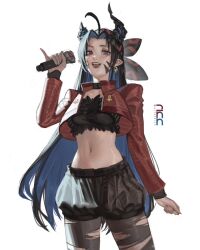  1girl absurdres ahoge ankh_earrings artist_name asymmetrical_horns black_choker black_hair black_horns black_pantyhose black_shorts black_tube_top blue_hair blush choker colored_inner_hair cosplay crop_top cropped_jacket demon_horns dinn_(artofdinn) earrings facial_mark headscarf highres holding holding_microphone hololive hololive_english horns jacket jewelry long_hair long_sleeves looking_at_viewer microphone midriff mole mole_under_eye multicolored_hair navel nerissa_ravencroft open_mouth pantyhose pinky_out pointy_ears red_jacket risa_(tenchi_muyou!) shorts simple_background smile solo split-color_hair strapless tenchi_galaxy tenchi_muyou! torn_clothes torn_pantyhose tube_top twitter_username two-tone_hair uneven_horns virtual_youtuber voice_actor_connection white_background 