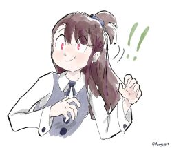  ! !! 1girl black_ribbon brown_hair closed_mouth collared_shirt commentary cropped_torso english_commentary eyelashes grey_vest kagari_atsuko little_witch_academia long_hair long_sleeves mangodevourer motion_lines neck_ribbon pac-man_eyes red_eyes ribbon shirt simple_background smile solo surprised twitter_username vest white_background white_shirt 