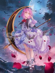  1girl absurdres commentary_request eiyuu_densetsu full_body goth_fashion hair_between_eyes hair_ornament highres holding holding_scythe looking_at_viewer minausa moon night petals purple_hair renne_(eiyuu_densetsu) sample_watermark scythe sky smile solo sora_no_kiseki watermark weapon yellow_eyes 