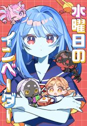  5girls :d :o absurdres black_eyes black_hair black_skin blonde_hair blue_hair blue_sailor_collar blue_shirt blue_skin blunt_bangs blush braid bread bread_slice chibi closed_mouth colored_skin commentary_request cover cover_page crossed_bangs double-parted_bangs egg_(food) food grid_background grin hair_between_eyes hair_intakes highres horns kanyoko_(yuzukano_17) long_hair looking_at_viewer mini_person minigirl multicolored_hair multiple_girls one_eye_closed open_mouth original parted_bangs pink_skin red_background red_eyes red_skin red_streaks sailor_collar school_uniform serafuku shirt short_hair short_sleeves single_braid single_hair_intake skin-covered_horns smile streaked_hair toast upper_body v violet_eyes white_hair yellow_eyes 