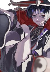  1boy armor black_bodysuit black_hair black_hat black_kimono black_shorts blunt_ends blurry bodysuit chair choppy_bangs commentary couch depth_of_field dutch_angle eyeliner genshin_impact gold grey_eyes hand_on_own_leg hat highres japanese_armor japanese_clothes jewelry jingasa juban kimono knot_colorful kote kurokote legs_up looking_at_viewer makeup male_focus mandarin_collar mitsudomoe_(shape) neck_ring o-ring on_couch open_clothes open_kimono open_mouth purple_rope purple_sash red_eyeliner red_hat red_kimono rope sash scaramouche_(genshin_impact) shimenawa shorts sitting solo tassel teeth tomoe_(symbol) tongue tsurime untranslatable_commentary upper_teeth_only watermark white_background white_kimono white_rope 