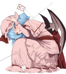 1girl 258n back_bow bat_wings blue_hair blush bow capelet commentary frilled_capelet frilled_skirt frills hat hat_ribbon highres long_hair long_sleeves looking_at_viewer mob_cap open_mouth pink_capelet pink_hat pink_shirt pink_skirt red_bow red_eyes remilia_scarlet ribbon shirt simple_background skirt skirt_set smile solo touhou translation_request white_background wings 