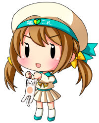  1girl :d animal blush bow brown_hair cat chibi chibi_only commentary_request error_musume full_body girl_holding_a_cat_(kancolle) green_sailor_collar green_shoes hair_bow hat holding holding_animal kantai_collection kneehighs long_hair long_sleeves neck_ribbon open_mouth pleated_skirt ribbon sailor_collar school_uniform serafuku shinjitsu shirt shoes shoshinsha_mark simple_background skirt smile socks solo standing twintails v-shaped_eyebrows white_background white_hat white_serafuku white_shirt white_skirt white_socks yellow_bow yellow_ribbon |_| 