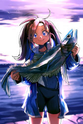  1girl absurdres animal bike_shorts black_shorts blue_eyes blue_jacket clip_studio_paint closed_mouth commentary cowboy_shot eudetenis fang fish highres holding holding_animal holding_fish jacket long_hair long_sleeves looking_at_viewer multicolored_hair ocean open_clothes open_jacket original outdoors shirt shorts sky smile solo standing tuna twintails variant_set water 