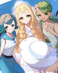  3girls bare_shoulders blue_eyes blue_hair blue_pants blue_sailor_collar blue_sky blunt_bangs blush braid breasts capri_pants closed_mouth collarbone dark-skinned_female dark_skin dress flower gold_hairband green_eyes green_hair green_headband grey_overalls hair_flower hair_ornament hairband hat headband highres holding holding_unworn_clothes holding_unworn_hat lana_(pokemon) lillie_(pokemon) long_hair looking_at_viewer mallow_(pokemon) multiple_girls nii_(marimo_416) one-piece_swimsuit open_mouth overall_shorts overalls pants pokemon pokemon_(anime) pokemon_sun_and_moon pokemon_the_series:_sun_&amp;_moon sailor_collar shirt short_hair sky sleeveless sleeveless_dress small_breasts smile sun_hat swept_bangs swimsuit swimsuit_under_clothes twin_braids twintails two-tone_eyebrows unworn_hat unworn_headwear white_dress white_hat yellow_hairband 
