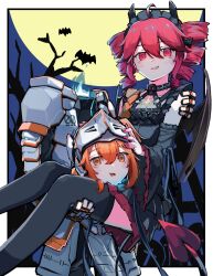  2girls a.i._voice adachi_rei alternate_costume armor bare_tree bat_(animal) black_dress black_thighhighs carrying commentary_request detached_sleeves disembodied_head dress drill_hair frilled_dress frills full_moon halloween helmet highres kasane_teto looking_at_viewer moon multiple_girls orange_eyes orange_hair princess_carry red_eyes red_hair teckinder thigh-highs tree twin_drills utau 