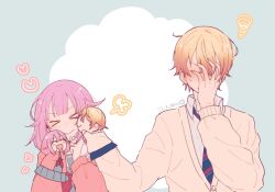  >_< 1boy 1girl arinco_(ariringo622) artist_name blonde_hair blunt_bangs blush closed_mouth collared_shirt covering_own_face dated diagonal-striped_clothes diagonal-striped_necktie facing_viewer gradient_hair hand_on_own_face hand_up hands_up heart hetero highres kamiyama_high_school_uniform_(project_sekai) long_sleeves miyamasuzaka_girls'_academy_school_uniform multicolored_hair multicolored_necktie neckerchief necktie nervous_sweating ootori_emu orange_hair pink_hair project_sekai protected_link puppet red_neckerchief school_uniform shirt short_hair simple_background smile striped_clothes striped_necktie sweat tenma_tsukasa two-tone_hair upper_body wing_collar 