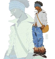  1boy bag black_hair commentary dark-skinned_male dark_skin denim english_commentary full_body gaiaayres hands_in_pockets highres jeans long_nose long_sleeves male_focus one_piece orange-tinted_eyewear orange_bag pants pursed_lips shirt short_hair standing stomach_hair tinted_eyewear usopp white_background white_shirt zoom_layer 