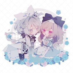  2girls :d apron black_bow black_bowtie black_shorts black_thighhighs blue_dress blue_flower blue_rose blush bow bowtie brown_hair chibi chibi_only closed_mouth commentary_request double-parted_bangs dress flower frilled_sleeves frills gloves grey_eyes grid_background hair_between_eyes hair_bow hair_intakes highres jacket long_hair multiple_girls neck_ribbon open_mouth original p_pi011 red_eyes ribbon rose short_hair short_sleeves shorts smile striped_bow striped_bowtie striped_clothes thigh-highs white_apron white_background white_bow white_gloves white_hair white_jacket white_ribbon 