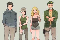  1boy 2girls arm_tattoo beanie beard beret bill_(left_4_dead) black_camisole black_eyes black_hair blue_eyes blue_jacket camisole cigarette commentary_request crossed_arms crossover dead_by_daylight facial_hair gloves green_eyes green_jacket green_tank_top grey_eyes grey_gloves grey_hair grey_hat grey_shorts hand_in_pocket hat holster jacket jake_park kate_denson left_4_dead lineup lips long_hair mikey_uo multiple_girls nea_karlsson old old_man short_hair short_shorts shorts shoulder_tattoo sleeves_rolled_up smoking tank_top tattoo thigh_holster wristband 