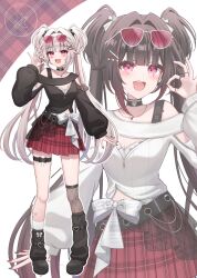  1girl :d absurdres black_choker black_hair black_leg_warmers black_shirt blunt_bangs blush breasts choker commentary_request different_zoom_layer eyewear_on_head hair_ornament highres honkai:_star_rail honkai_(series) jewelry leg_warmers long_hair looking_at_viewer medium_breasts miniskirt multicolored_nails necklace ok_sign pink_eyes red_skirt ring shirt sidelocks simple_background skirt smile sparkle_(honkai:_star_rail) sparxie_(candy-coated_waves)_(honkai:_star_rail) sparxie_(honkai:_star_rail) standing sunglasses thigh_strap twintails two_side_up very_long_hair white_hair white_shirt x_hair_ornament yukiunag1 zoom_layer 