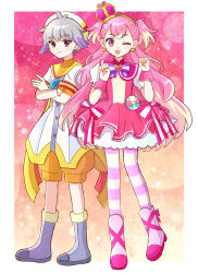  1boy 1girl anime_coloring antenna_hair asako_(puiu9k) bag bag_bow baggy_shorts beret blonde_hair blue_bow blue_bowtie boots border bow bowtie brooch buttons capelet clenched_hands closed_mouth coattails collared_capelet colored_tips commentary_request crossed_arms crown crown_earrings cure_wonderful dot_nose dress dress_bow earrings eyelashes footwear_bow full_body gradient_background grey_boots grey_hair hair_ears hairband happy hat hat_ornament heart heart_brooch heart_hat_ornament highres inukai_komugi jewelry lace-trimmed_wrist_cuffs lace_trim light_particles long_hair magical_boy magical_girl mini_crown multicolored_bow multicolored_hair one_eye_closed open_mouth outside_border pantyhose paw_pose petticoat pink_background pink_boots pink_bow pink_capelet pink_crown pink_dress pink_hair pink_pantyhose pink_wrist_cuffs pleated_dress precure puffy_short_sleeves puffy_sleeves purple_bow purple_bowtie red_eyes sailor_collar sailor_shirt shirt short_dress short_hair short_sleeves shorts single_stripe smile sparkle standing striped_bow striped_bowtie striped_clothes striped_pantyhose tailcoat tareme toyama_daifuku toyama_daifuku_(magical_boy) tsurime two-tone_background two-tone_hair two-tone_pantyhose two_side_up very_long_hair violet_eyes waist_bag white_bag white_border white_hat white_shirt white_sleeves wonderful_precure! wrist_cuffs yellow_background yellow_hairband yellow_pantyhose yellow_sailor_collar yellow_shorts 