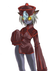  1girl animal_ears bad_id blue_skin breasts cat_ears closed_mouth colored_skin final_fantasy final_fantasy_xi fomor glowing glowing_eyes grey_hair hat jiangshi_costume lowres mithra_(ff11) purple_hat qingdai_guanmao short_hair simple_background sleeves_past_fingers sleeves_past_wrists small_breasts solo tomotsuka_haruomi white_background yellow_eyes 