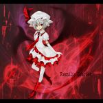  alternate_color alternate_costume bat_wings boots character_name elbow_gloves gloves hat hat_ribbon high_heels letterboxed nabeshima_tetsuhiro necktie no_nose red_eyes remilia_scarlet ribbon shoes solo spear_the_gungnir standing_on_one_leg thighhighs touhou weapon white_legwear wings 