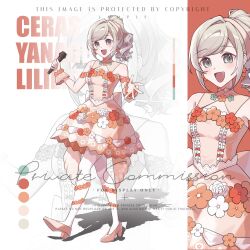  1girl :d bare_shoulders blue_eyes ceras_yanagida_lilienfeld character_name dress full_body grey_hair hairband high_heels highres holding holding_microphone ima_kako_mirai_no_sangenshoku leg_up looking_at_viewer love_live! love_live!_hasu_no_sora_jogakuin_school_idol_club medium_hair microphone open_mouth pantyhose pink_hairband ponytail red_dress red_shoes ruoguiling sample_watermark shoes sidelocks sleeveless sleeveless_dress smile solo watermark white_pantyhose zoom_layer 