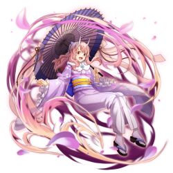  1girl :d artist_request aura blue_sash bow double-parted_bangs falling_petals floating frilled_sleeves frills full_body game_asset glowing grand_summoners hair_between_eyes hair_bow hands_up holding holding_umbrella horns japanese_clothes kimono long_hair obi official_alternate_costume official_art oil-paper_umbrella oni petals pink_hair pink_petals pink_umbrella purple_bow purple_kimono purple_umbrella red_eyes sandals sash shuna_(tensura) simple_background sleeves_past_fingers sleeves_past_wrists smile socks solo tabi tensei_shitara_slime_datta_ken transparent_background two-tone_sash two-tone_umbrella umbrella white_horns white_socks wide_sleeves yellow_sash zouri 