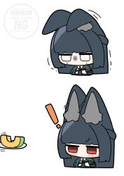  ! 1girl absurdres animal_ear_fluff animal_ears aqua_jacket black_hair black_necktie black_skirt chibi commentary_request food fox_ears fox_girl fruit full_body highres hoshimi_miyabi hungry jacket long_hair melon necktie red_eyes shinonome_nashi shirt skirt solo white_background white_shirt zenless_zone_zero 